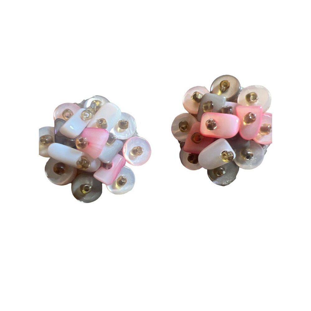 Vintage Pink Dyed Mother of Pearl chops Cluster Earrings Clip-on 3D Dome Retro